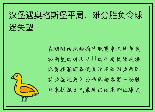 汉堡遇奥格斯堡平局，难分胜负令球迷失望