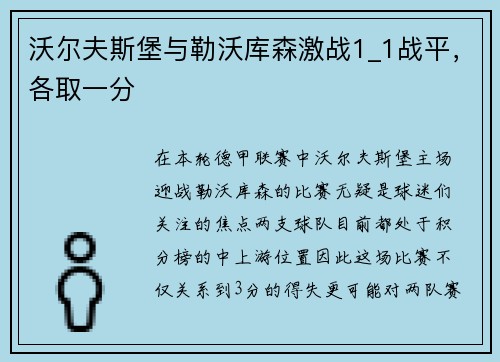 沃尔夫斯堡与勒沃库森激战1_1战平，各取一分