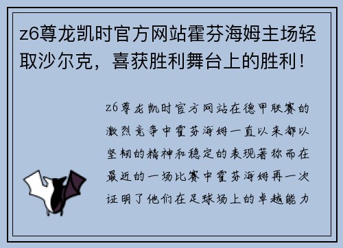 z6尊龙凯时官方网站霍芬海姆主场轻取沙尔克，喜获胜利舞台上的胜利！